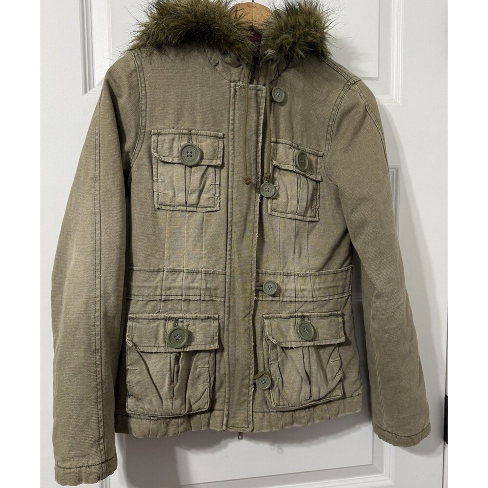 Vintage Abercrombie & Fitch Military Utility Cargo Jacket Faux Fur Hood XS Y2K